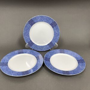 Crate & Barrel Rafia Blue White Wavy Salad Plates Lead Cadmium Free Lot of 3